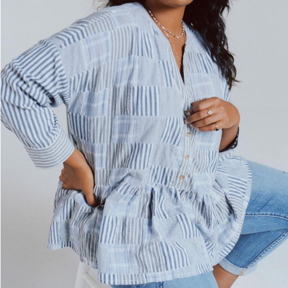 Maeve The Zoe Swing Blouse in Blue Patchwork Size XL